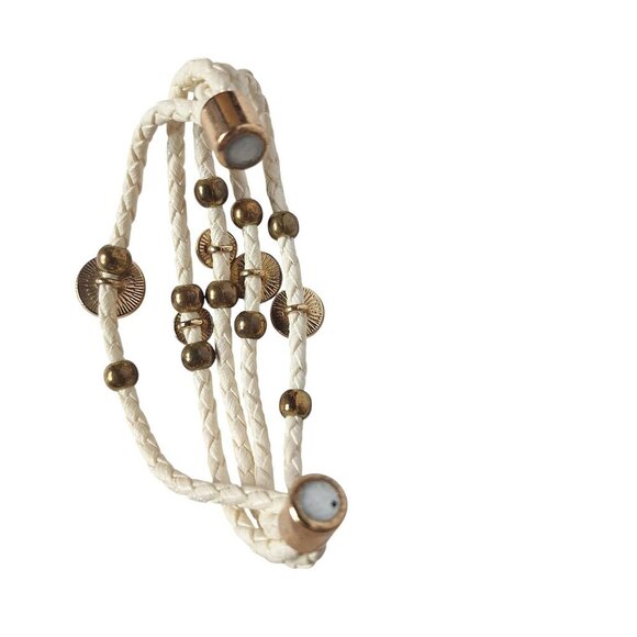 Braided White Rope Wrap Bracelet Gold Tone Beads - Picture 5 of 6